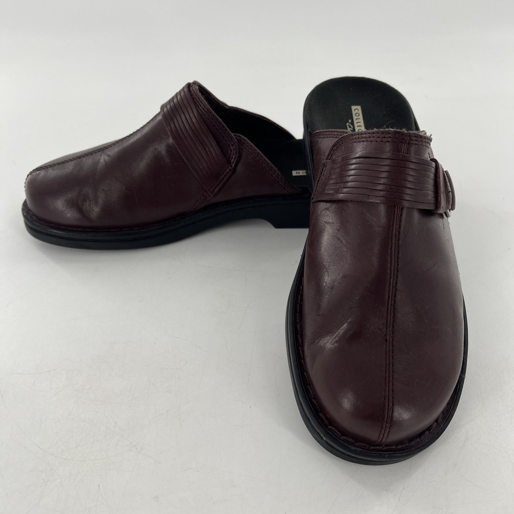 Clarks Womens Leather Flat Mule Clog Burgundy 10 M Slip On Strap Harness Comfort